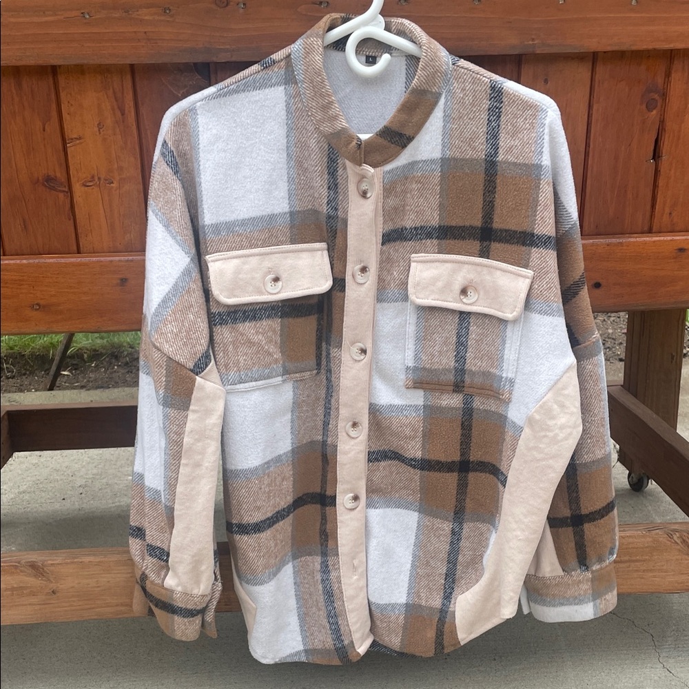 Plaid Button Down Shirt Jacket - Tan and White